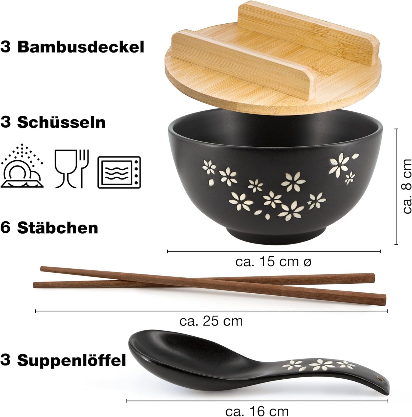 3er-Set Ramen Bowl mit Stäbchen und Löffel, 3x Schale