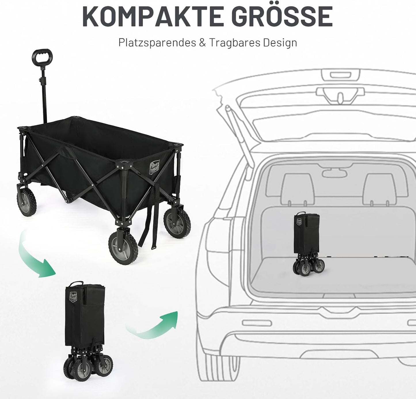 Faltbarer Bollerwagen mit verstellbarem Griff und Seitentaschen, Schwarz