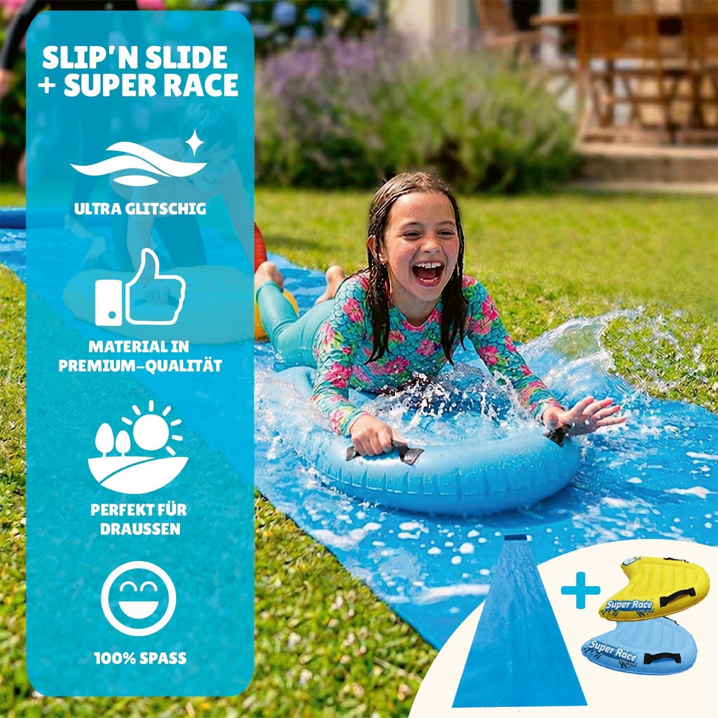 XXL-Wasserrutschmatte mit Bodyboards, 10m, 1 Slip'n Slide Blau + 2 Bodyboards