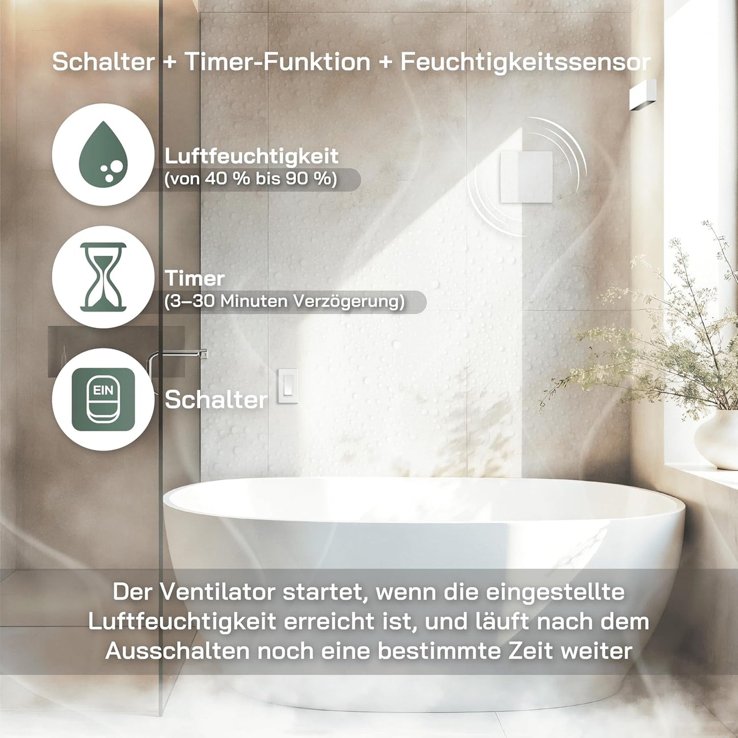 Badlüfter mit Feuchtigkeitssensor & Timer (100 mm), Ø 100 mm Weiß mit Feuchtesensor + Timer