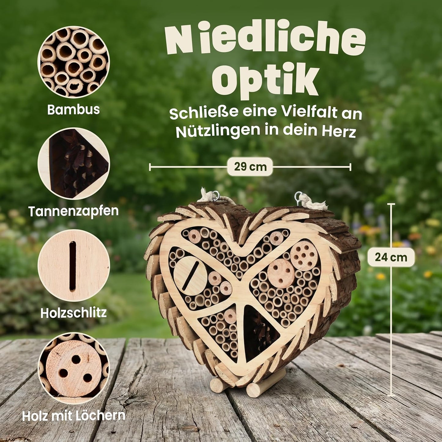 Insektenhotel Herzdesign mit Bambus Röhrchen