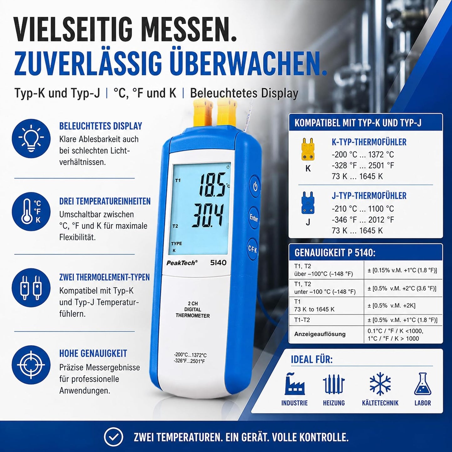Digitales Thermometer 5140-2CH Typ-K, 2-Kanal, -200°C bis 1372°C, 2 Kanal