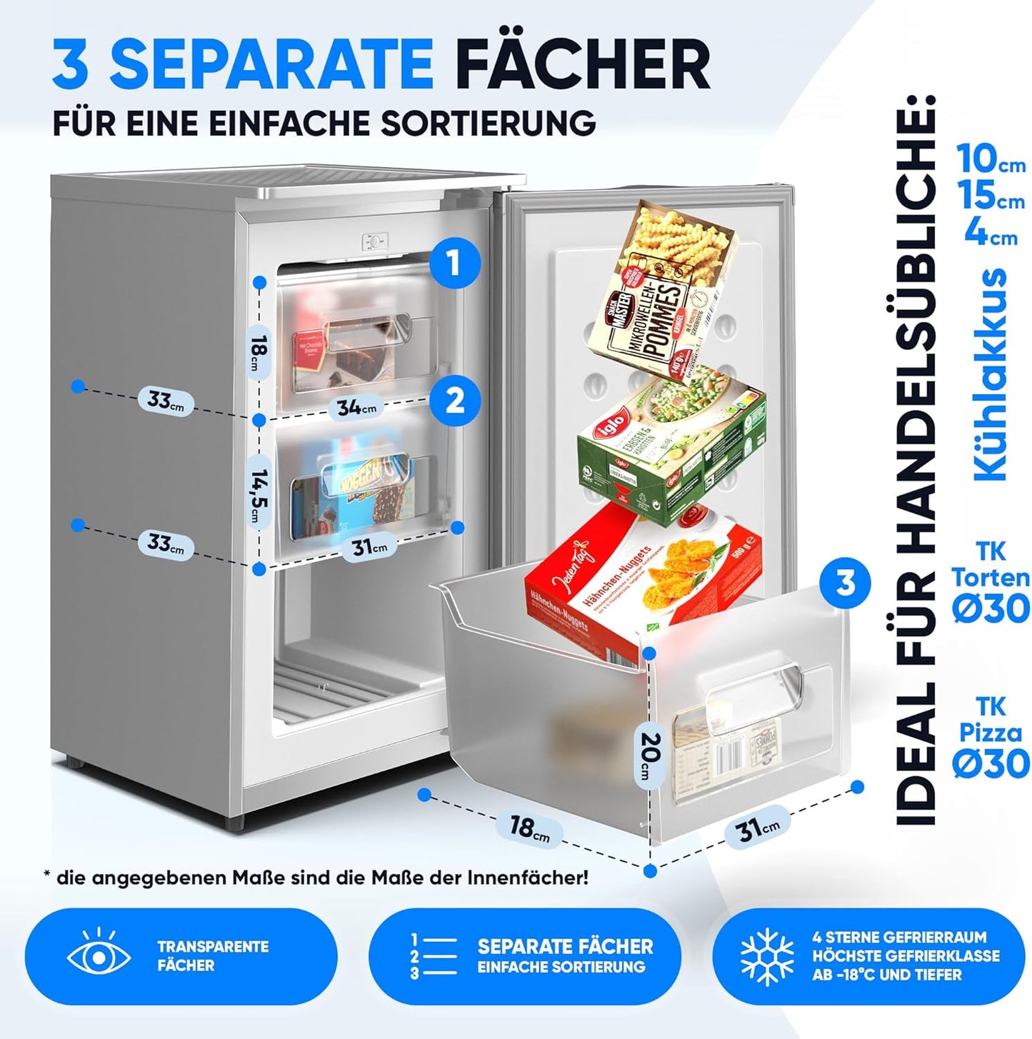 Mini Gefrierschrank mit 3 Fächern (73L), Silber