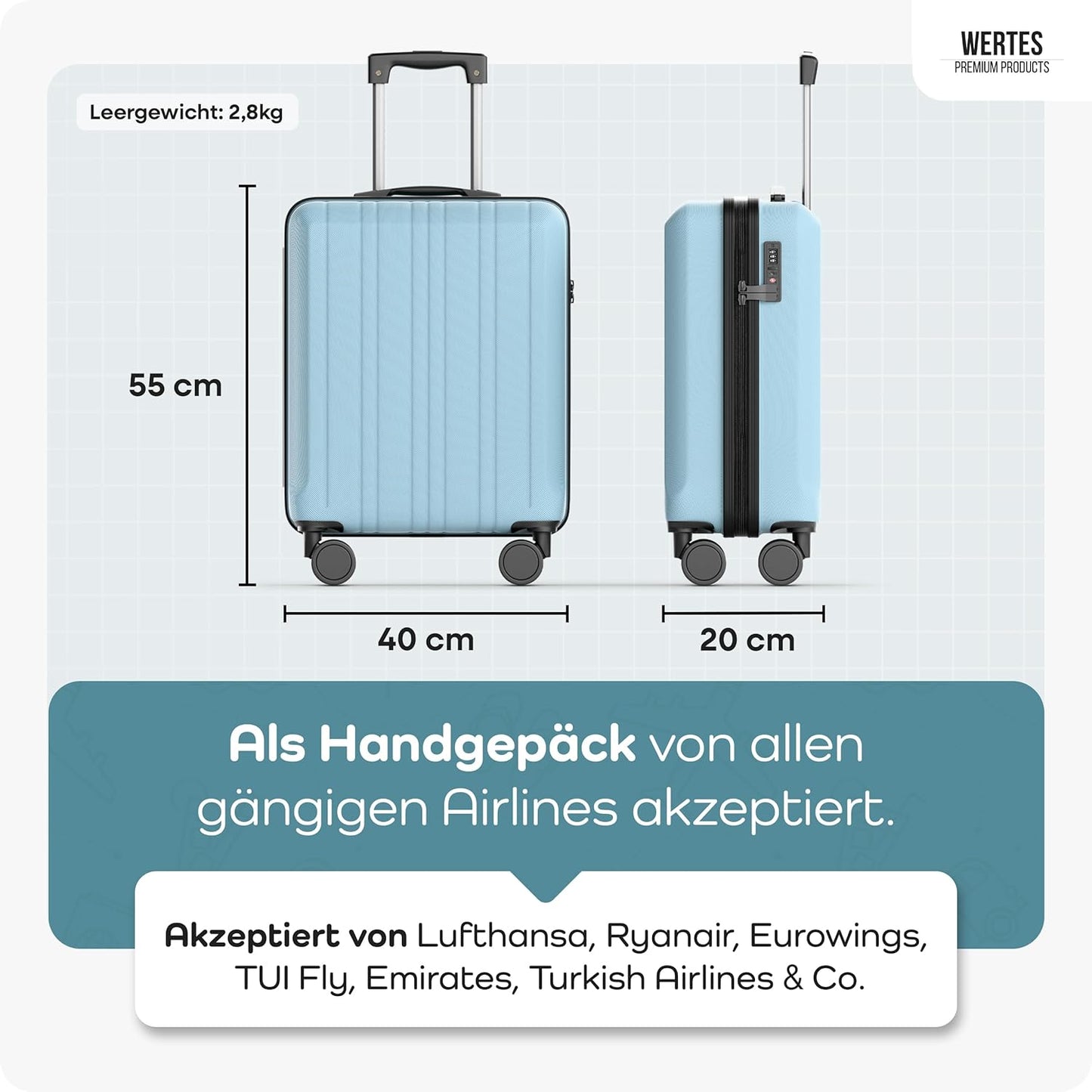 Handgepäck Trolley mit Doppelrollen, Hellblau Handgepäck - 55x40x20cm