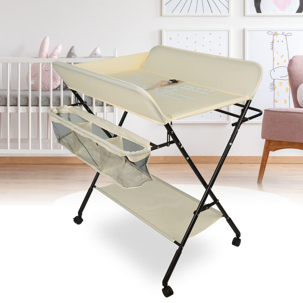 Klappbare Baby-Wickelkommode mit Rollen, A-Beige jaune