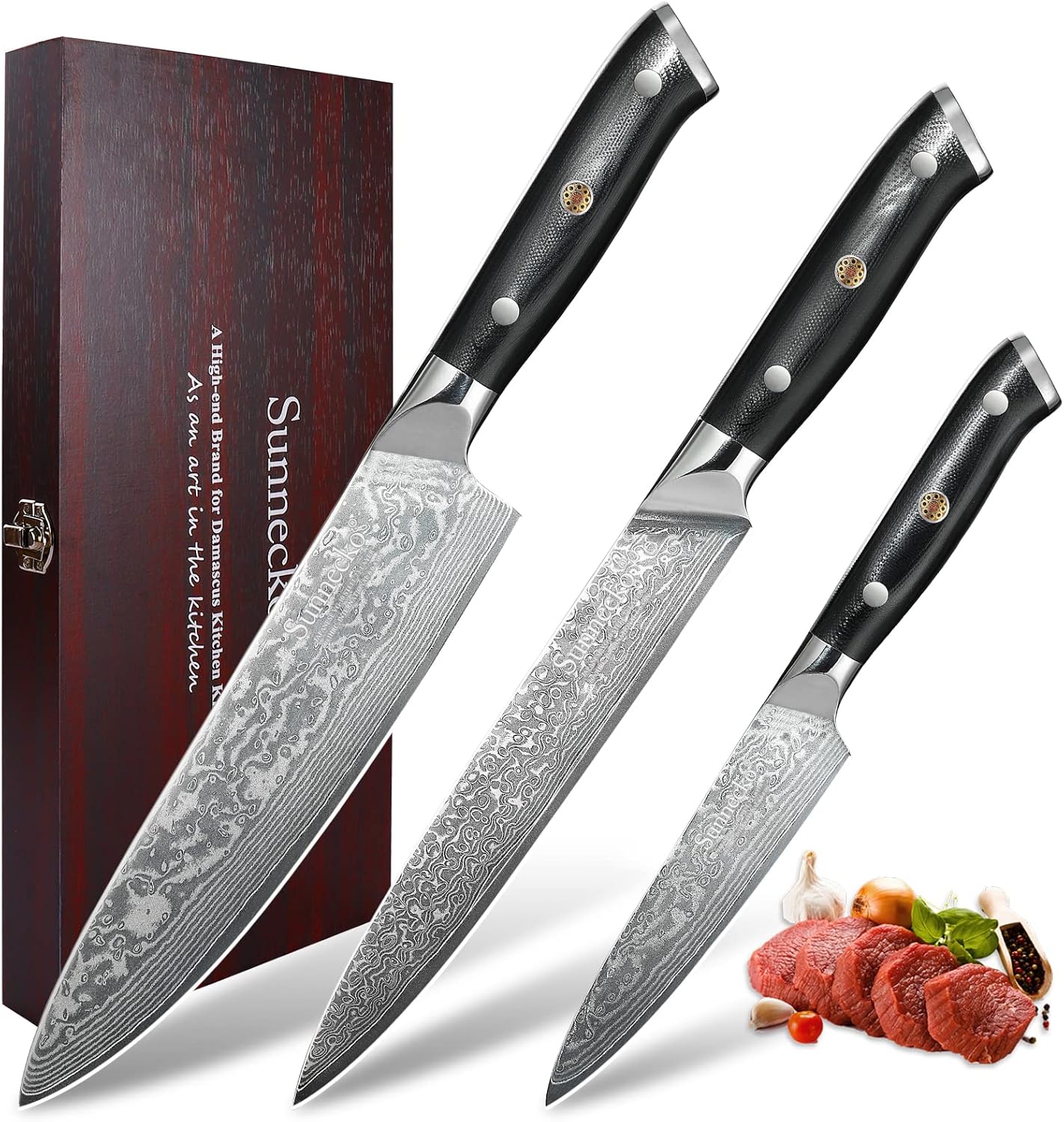 3-teiliges Damastmesser-Set mit G10 Griff, Küchenmesser Fleischmesser Allzweckmesser, C- Messerset 3tlg