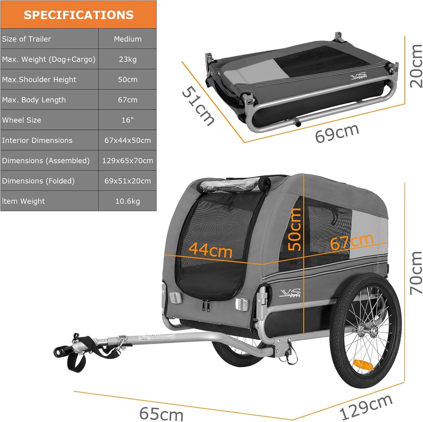 VS Pets M Hundeanhänger bis 23 kg, Grau