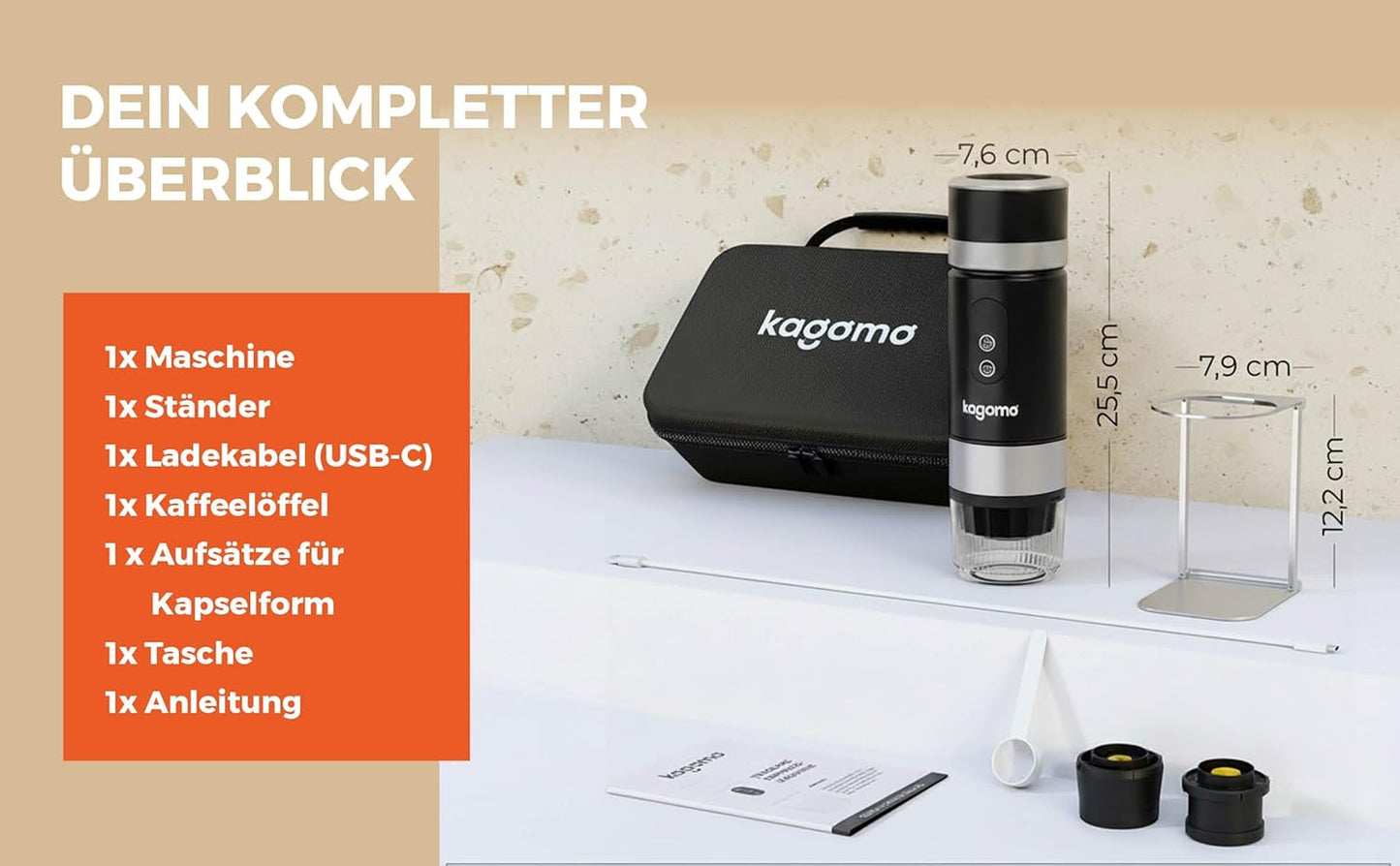 Tragbare Espressomaschine mit Akku und USB-C, Schwarz