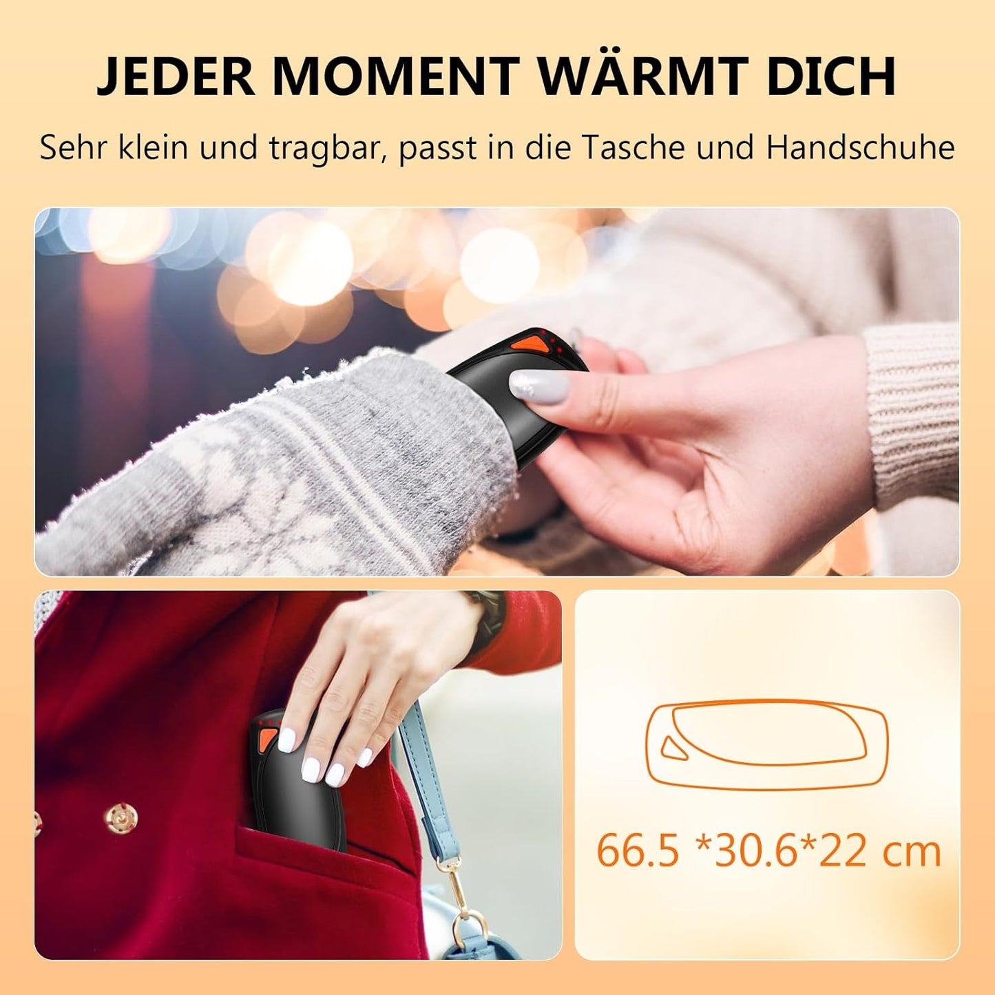Elektrischer Handwärmer, beidseitig, bis zu 55°C, Schwarz