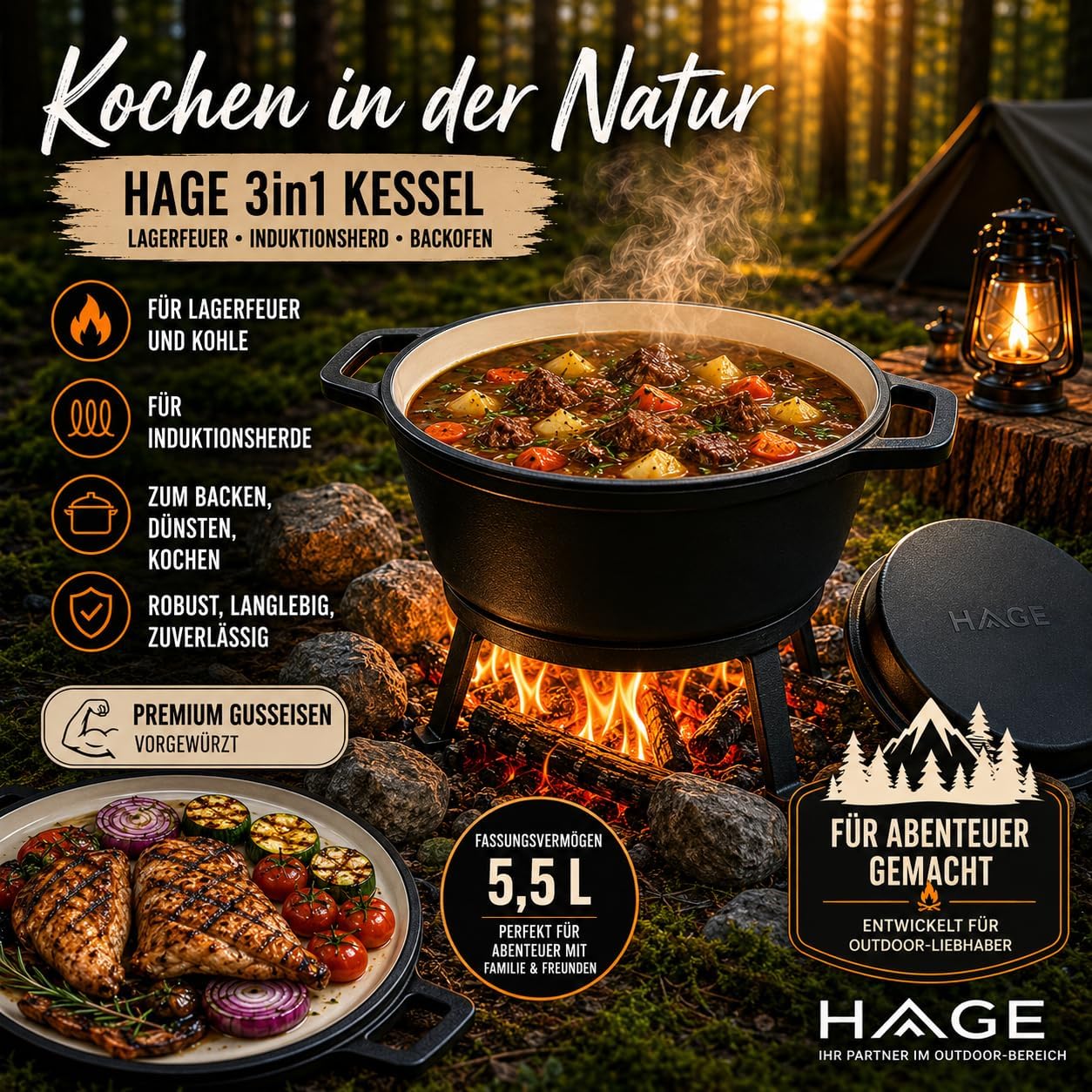 Kessel mit Grillpfanne und Dreibein, 8L