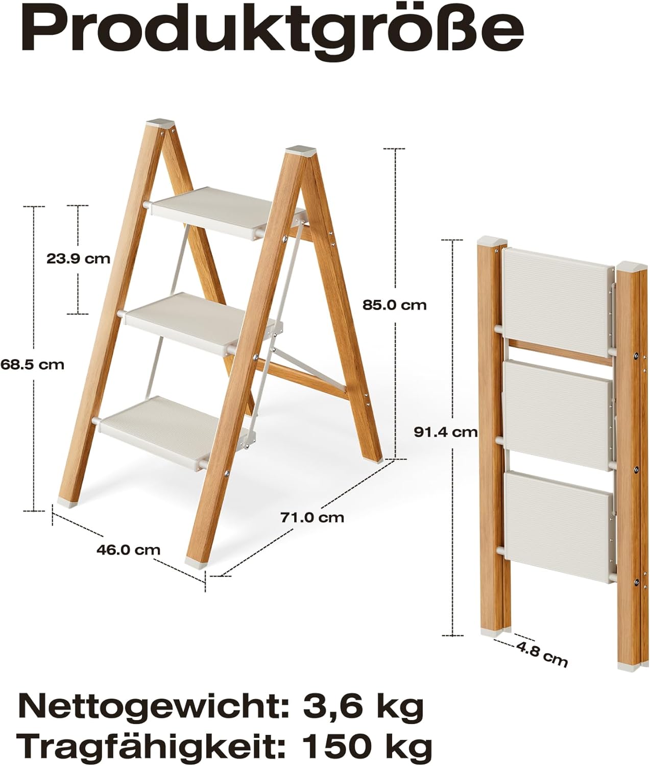 Klappbare Trittleiter 3 Stufen, 150 kg Kapazität, Weiss Holz Optik 3 Stufen