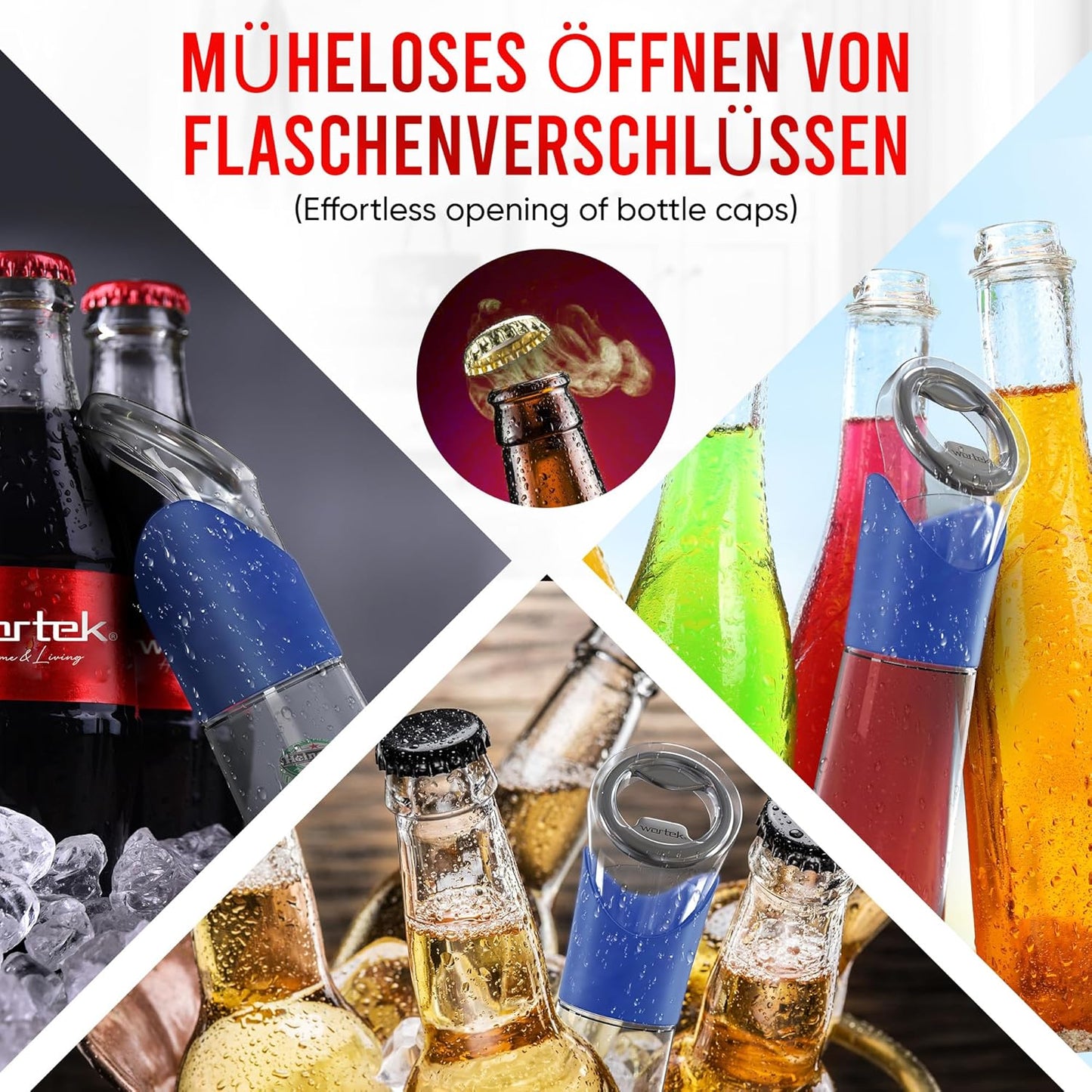 Flaschenöffner mit Auffangbehälter für Kronkorken, Blau