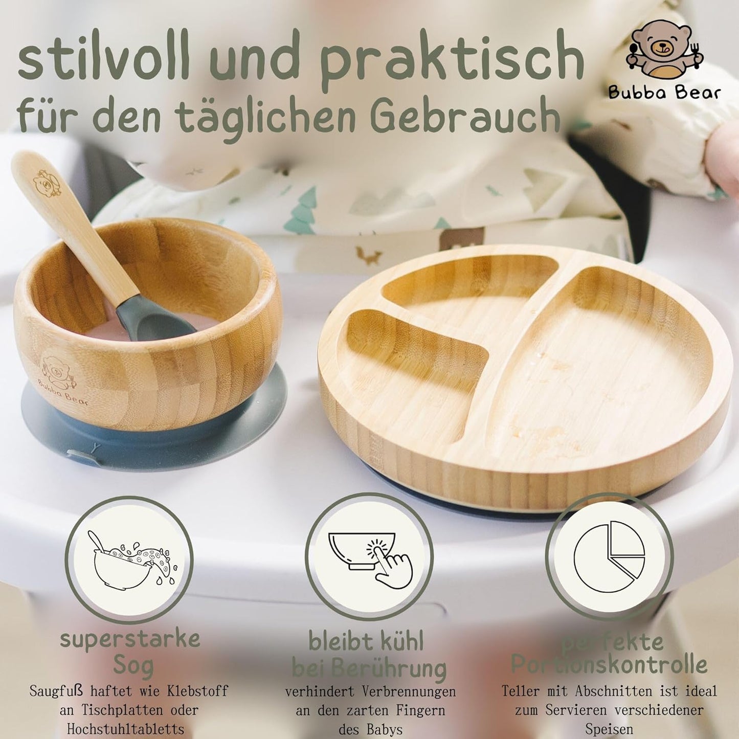 Baby Fütterungsset mit Saugnapf-Schüsseln und Löffel, Grün