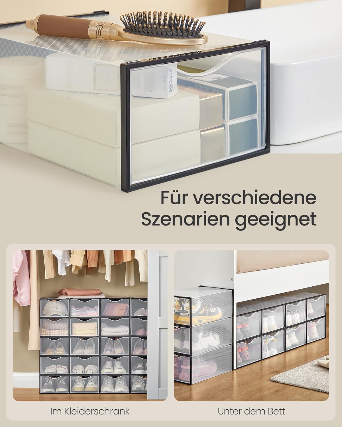 12x stapelbare Schuhboxen, Transparent + Tintenschwarz 12