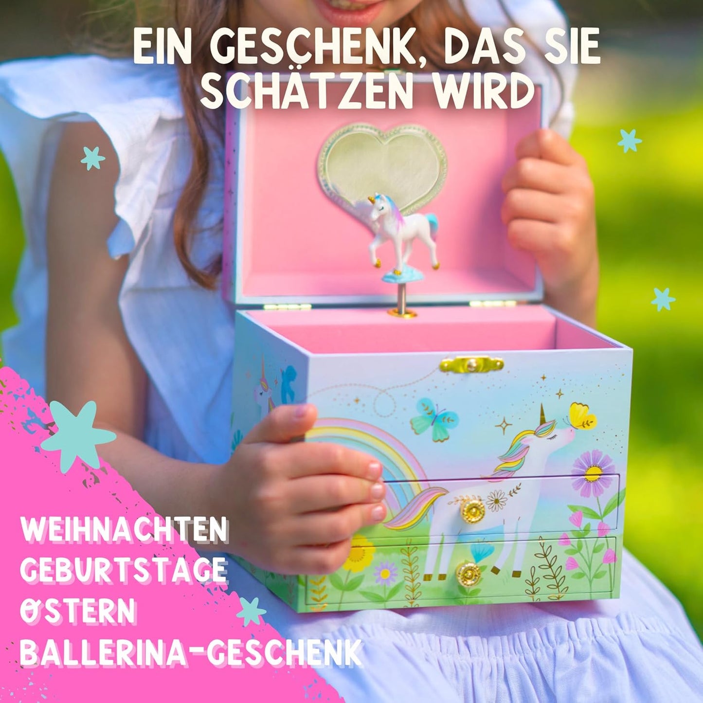 Musikalisches Einhorn-Schmuckkästchen für Kinder, Blumen-Einhorn
