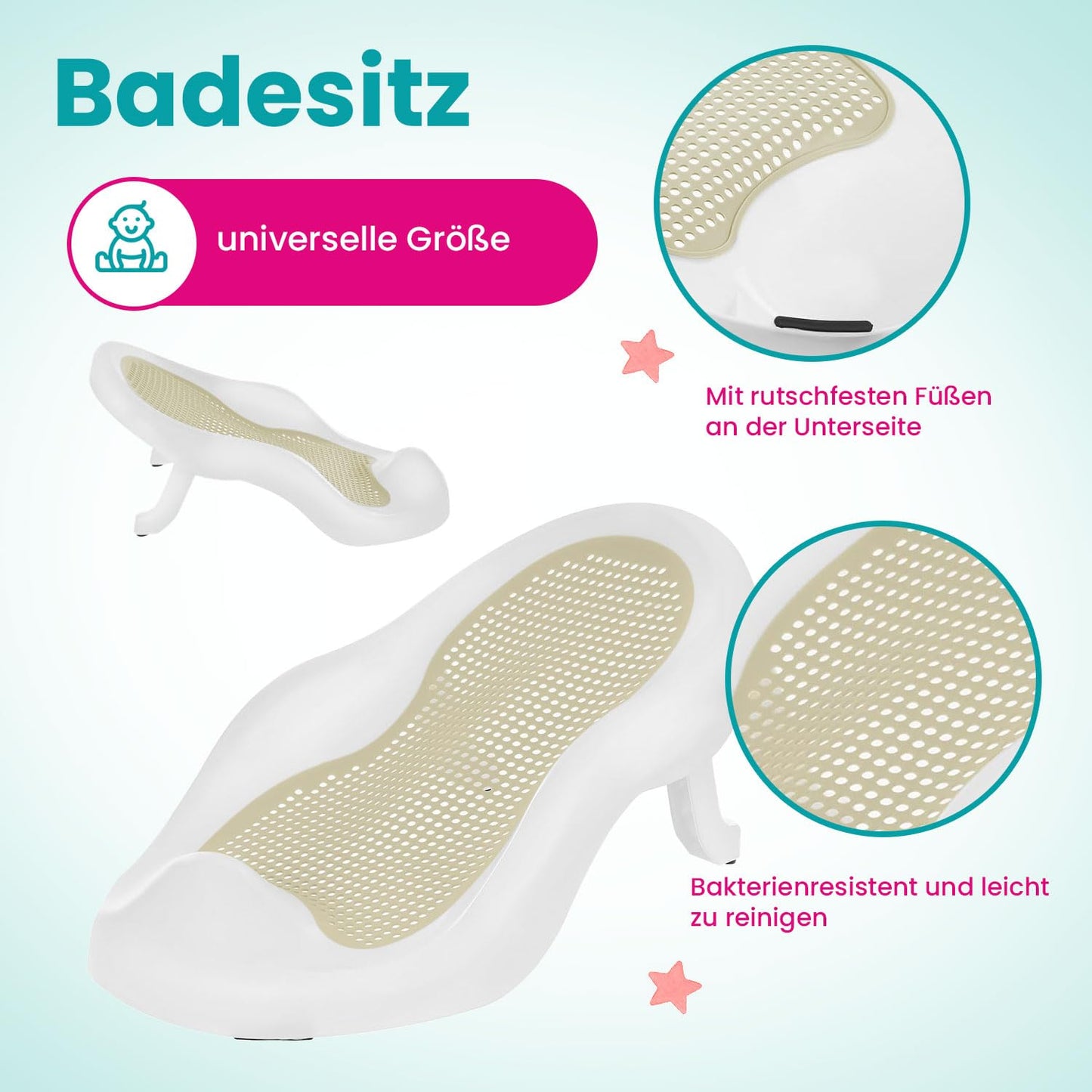 Faltbare Babybadewanne mit Badesitz und Thermometer, Premium Beige (Gestell, Badesitz, Thermometer) Faltbare Babybadewanne mit Gestell