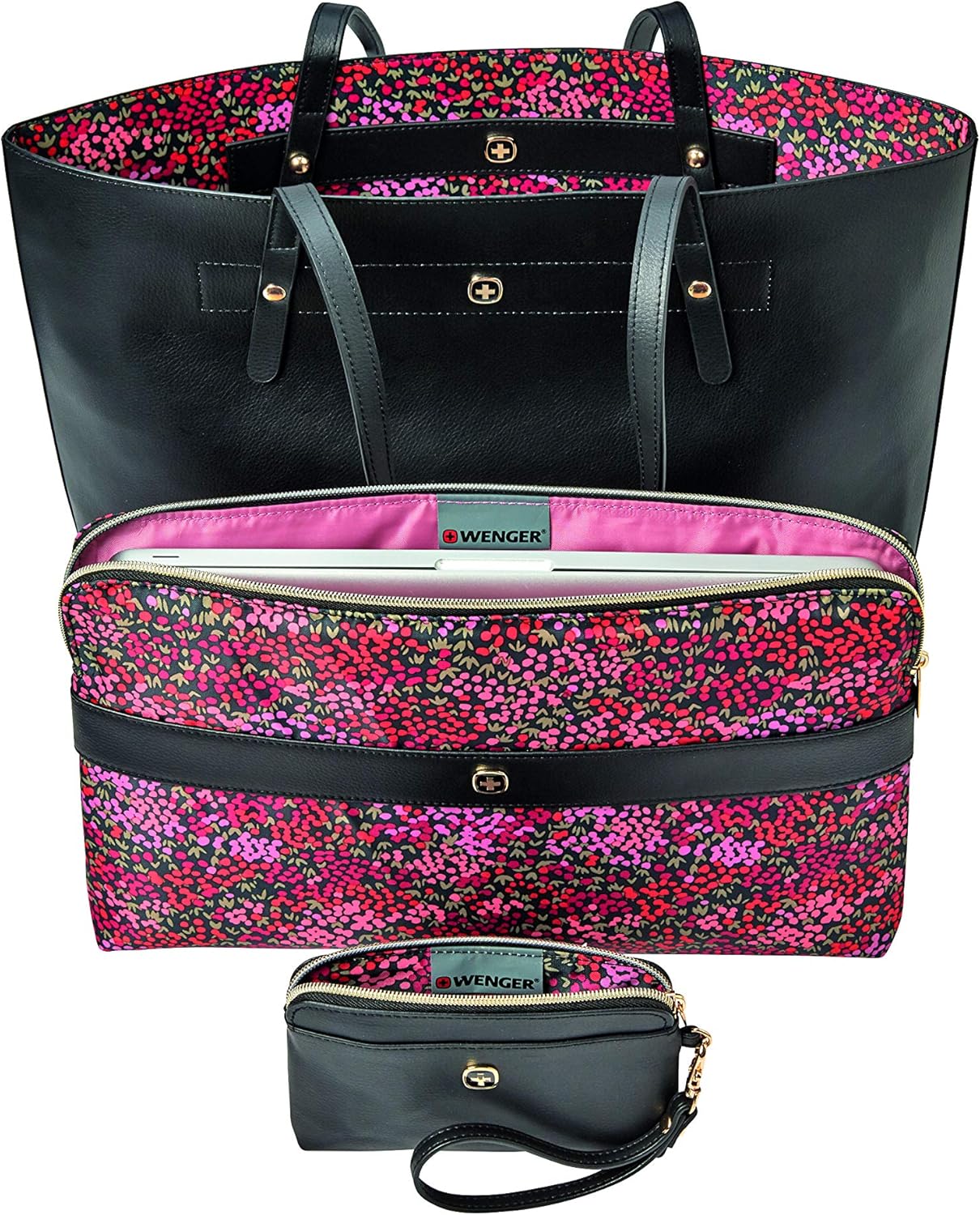 MarieSol 4-in-1 doppelseitige Tragetasche mit Laptop-Hülle, MarieSol Schwarz/ Blumenmuster