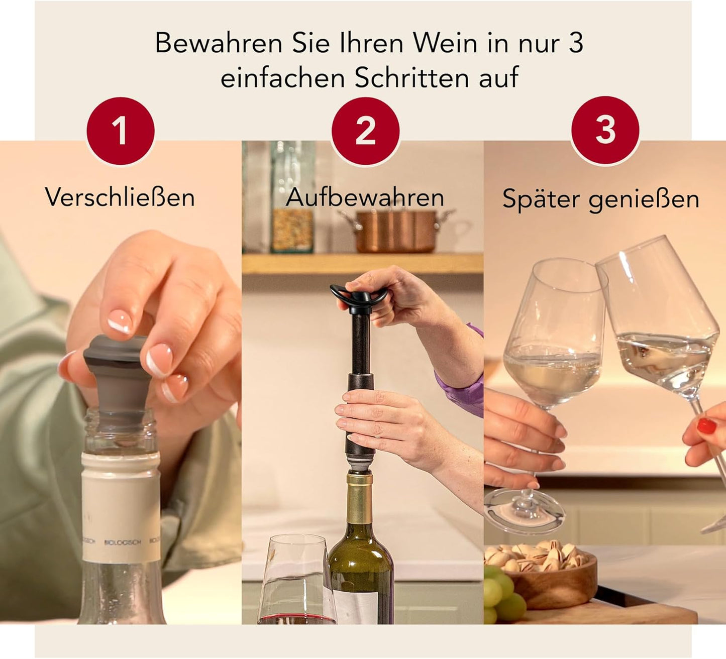 Weinpumpe Concerto mit Stopper-Set mit Pumpe und Stopfen, 1 Pumpe 4 Stopfen Schwarz