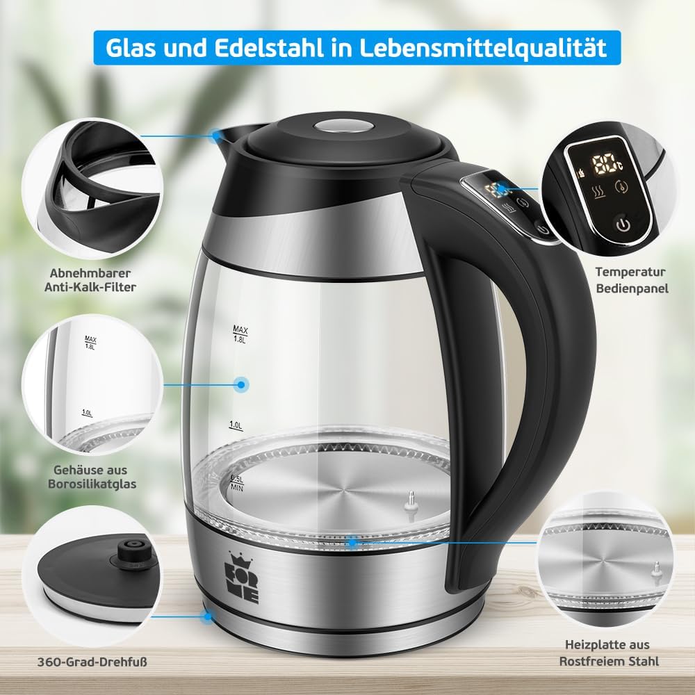 Glas-Wasserkocher mit Temperaturwahl (1,8L), Ohne Teesieb 418