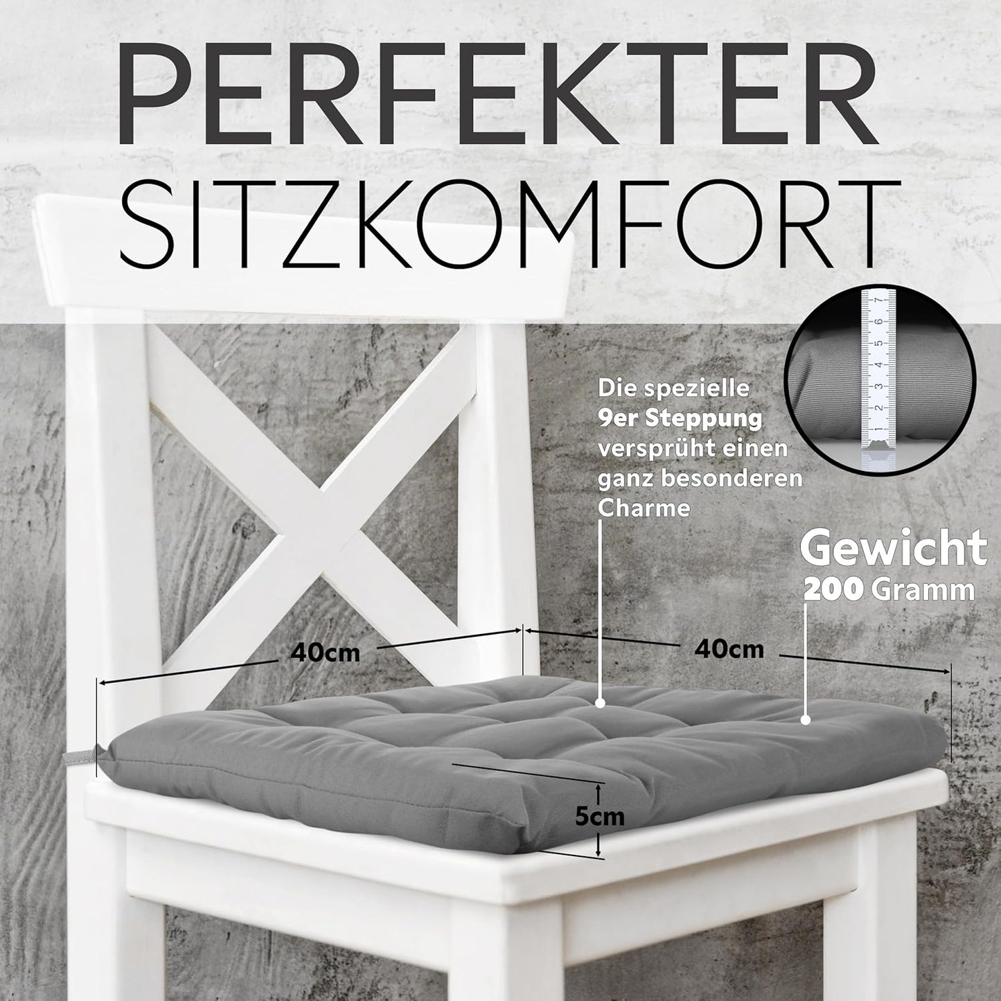 4er-Set Sitzkissen mit Haltebändern, 4 Stück (1er Pack) Dunkelgrau