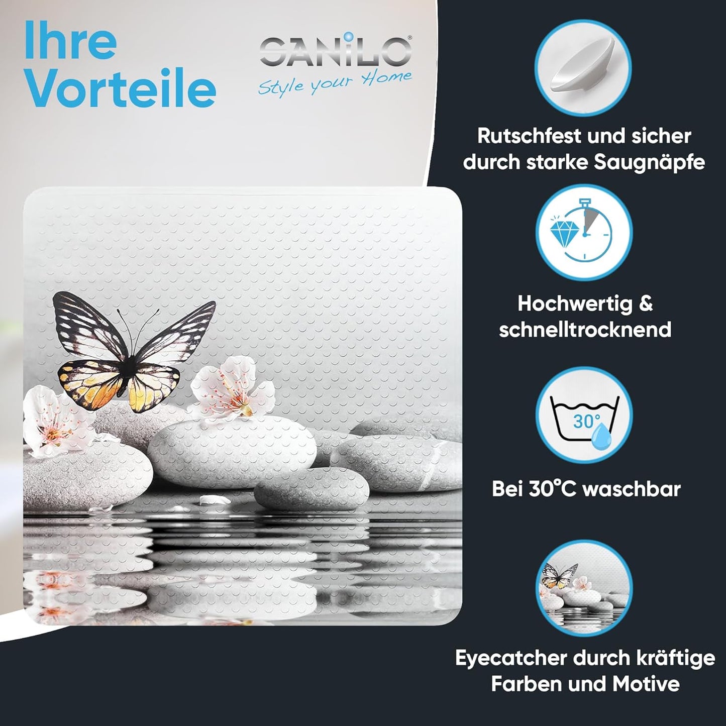 Rutschfeste Badematte 53x53 cm, maschinenwaschbar, Vanesa