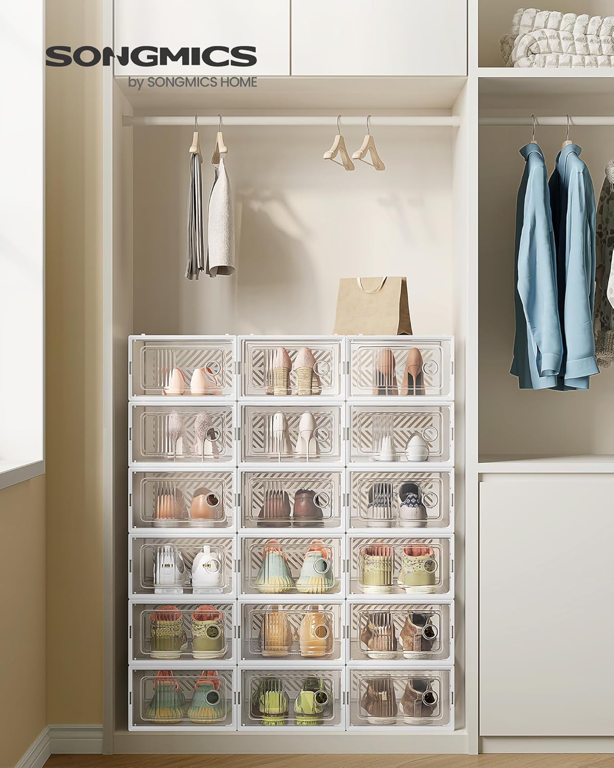 Schuhaufbewahrungsboxen-Set (18er, stapelbar), 18er Set Transparent + Weiss