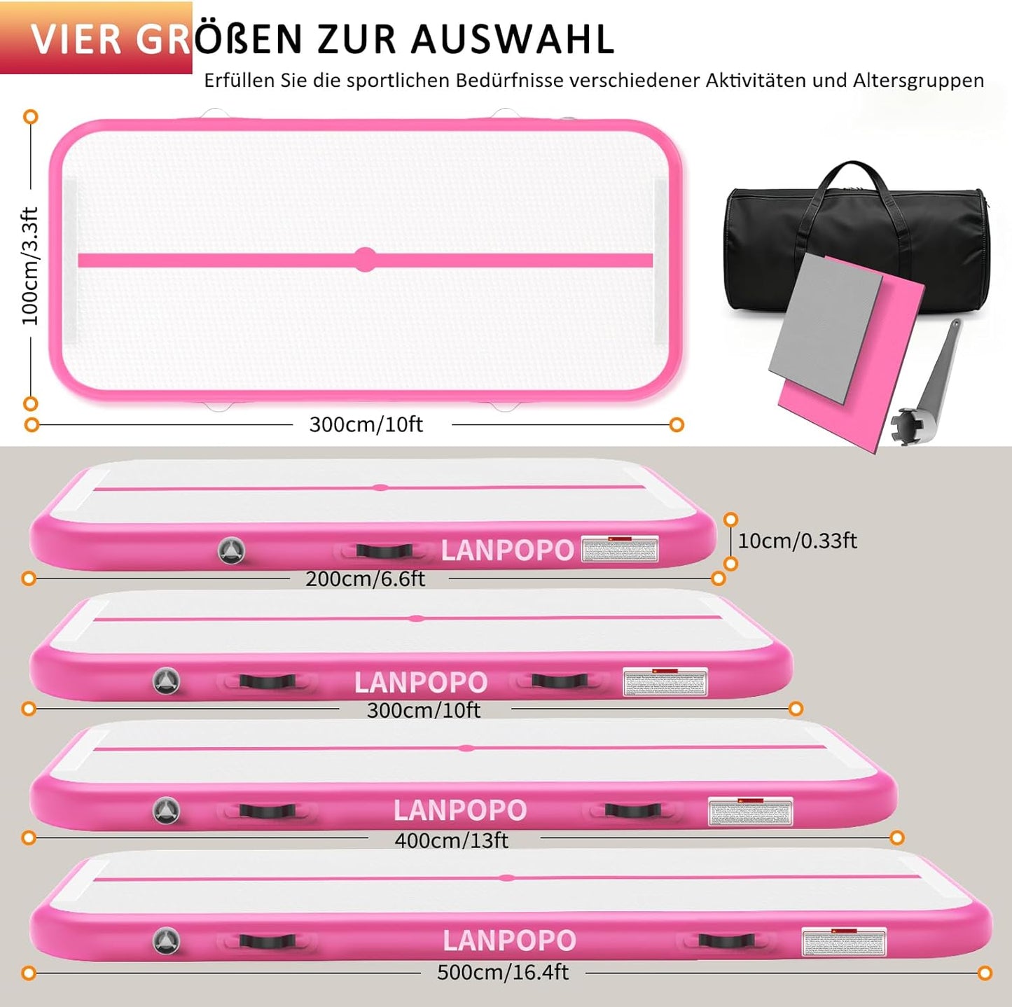 Aufblasbare Gymnastikmatte, 10ft*3.3ft*4in(300x100x10cm)