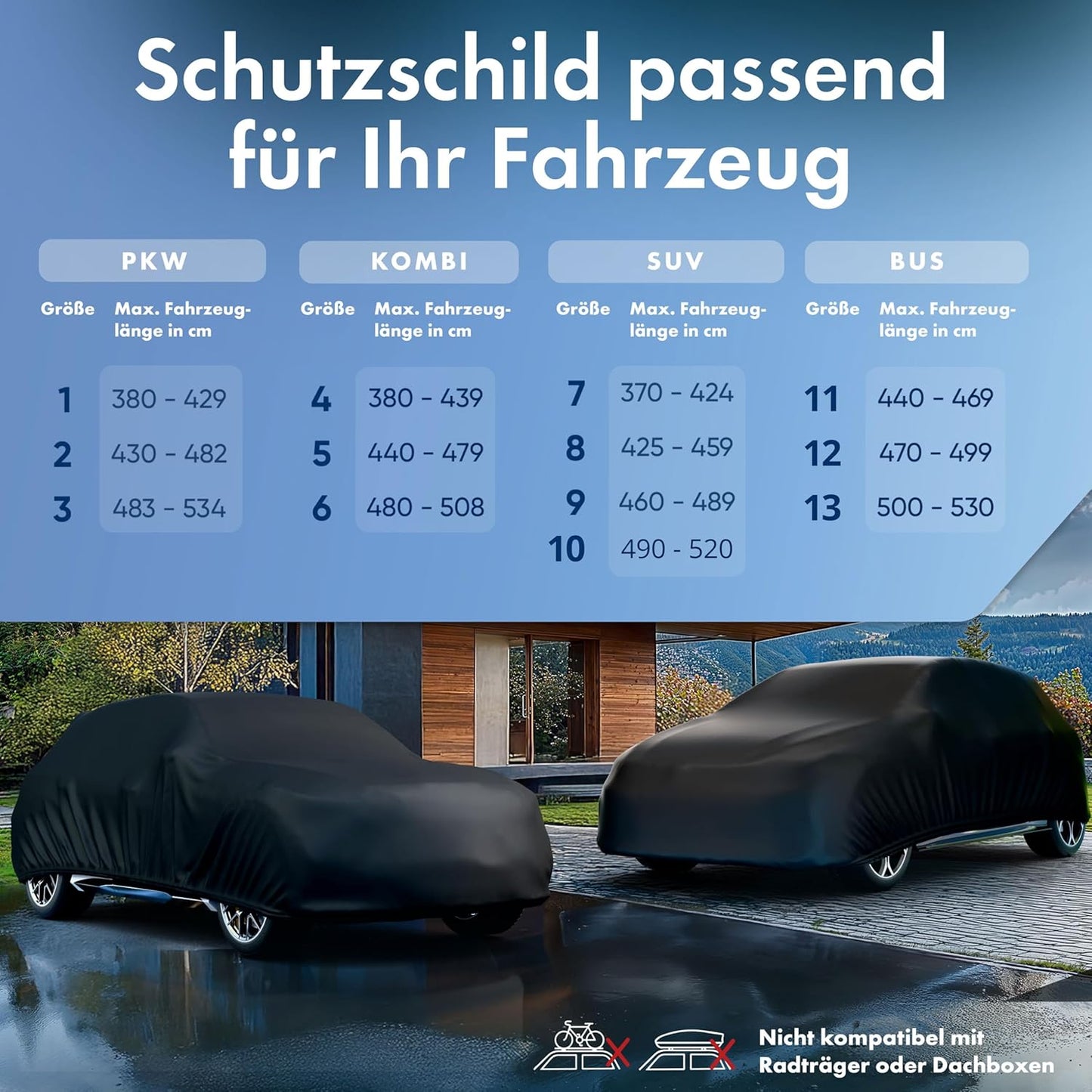Autoabdeckung Vollgarage Allwetter Grösse 2, bis 482 cm, Grösse 2: PKW 430 - max. 482 cm Länge Schwarz