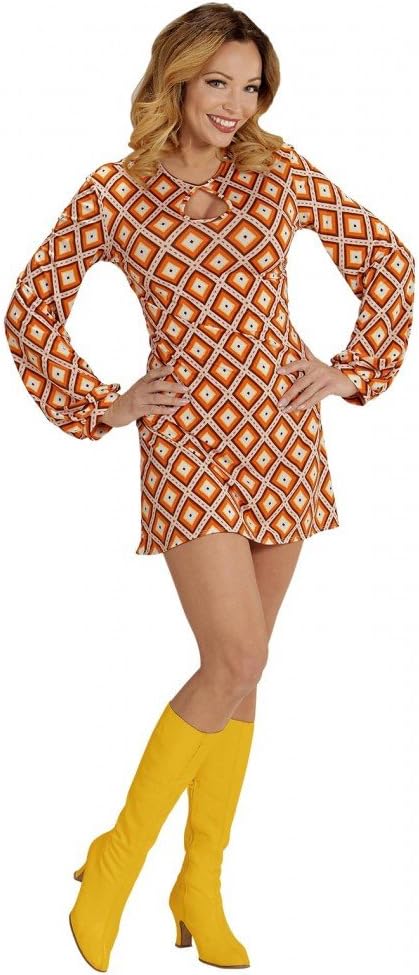 70er Jahre Retro-Kleid, L Orange/Gelb