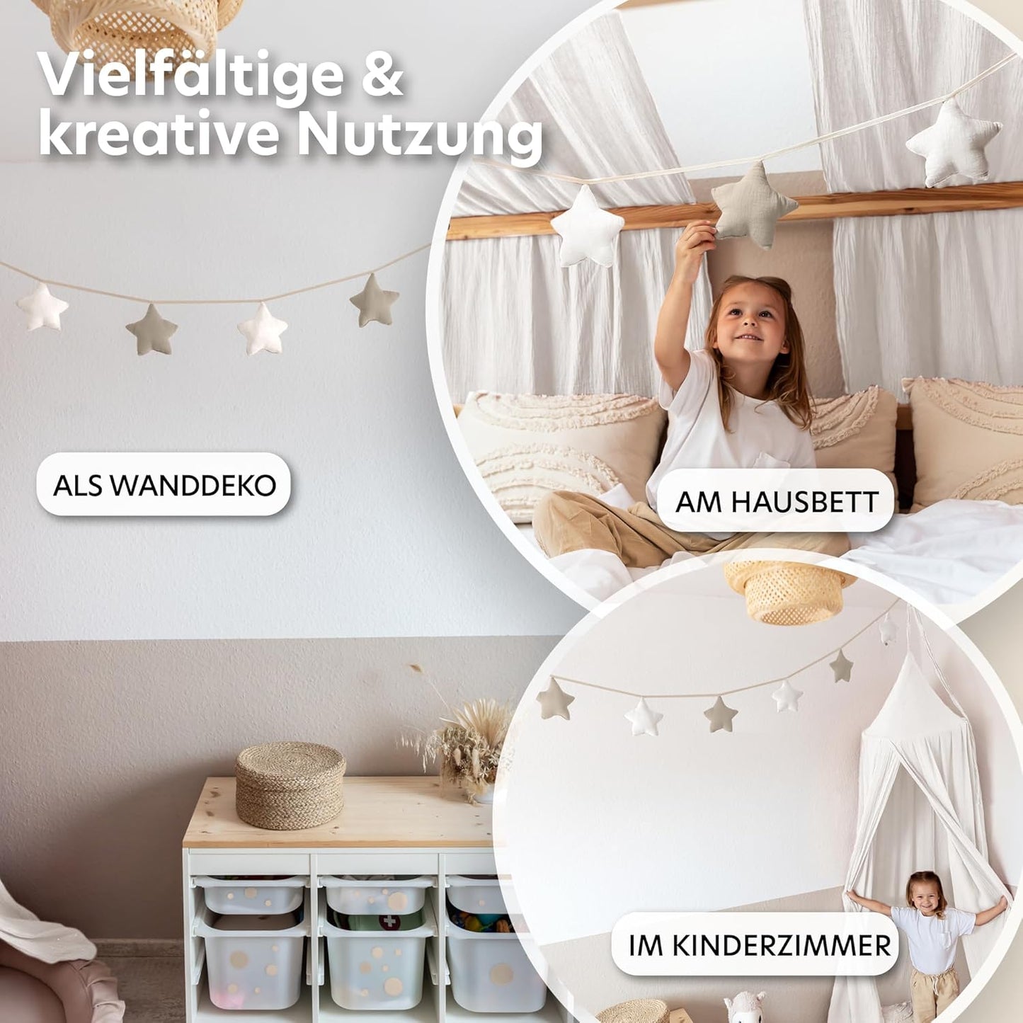 Sternenkette, Weiss & Hellbeige Sterne ohne Goldapplikation