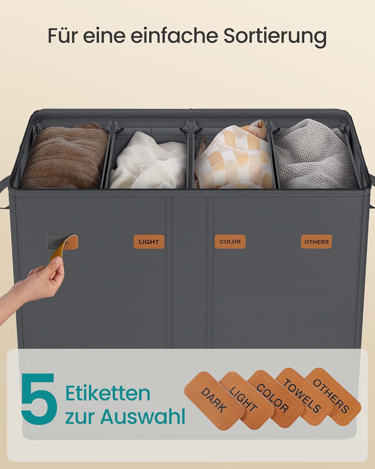 Wäschekorb mit 4 Fächern und waschbarem Innensack, 210 L Dunkelgrau