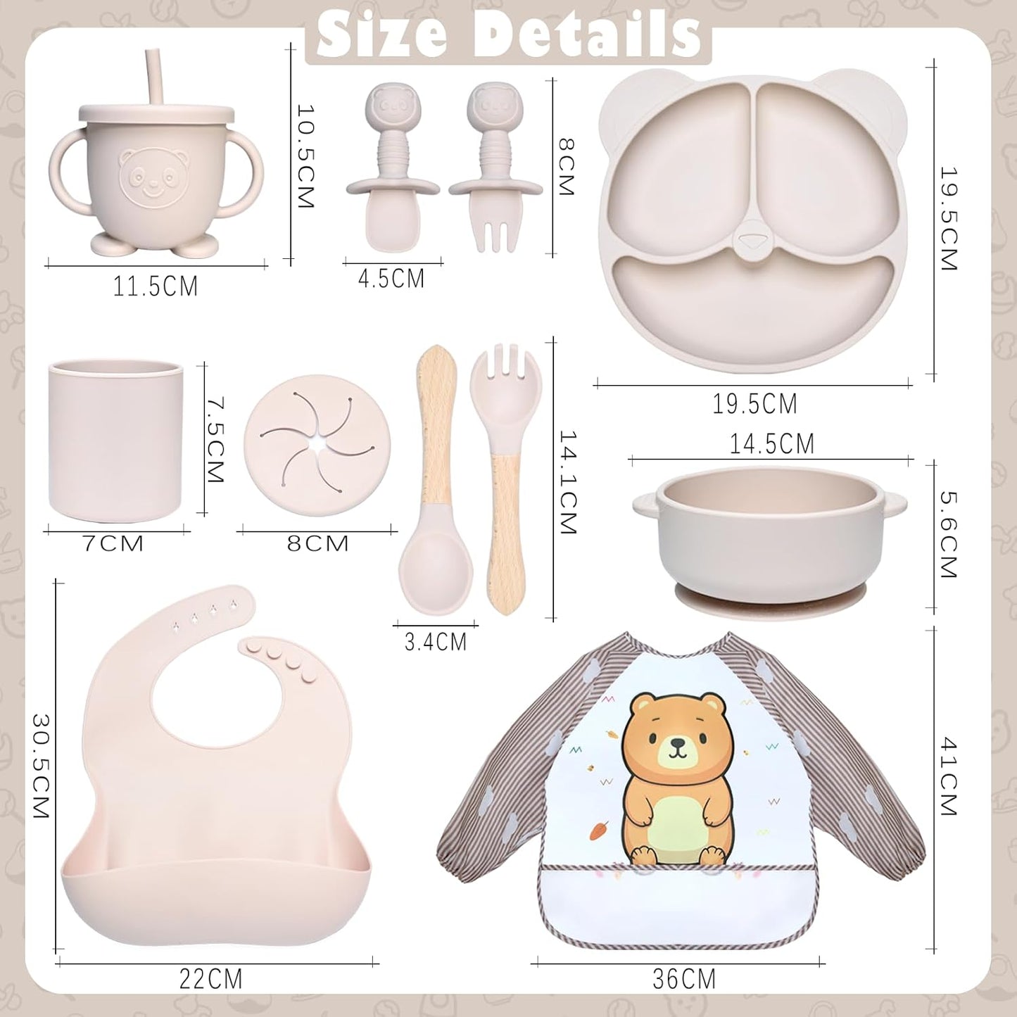 Silikon Baby Geschirrset mit Saugnapf (11-teilig), Beige