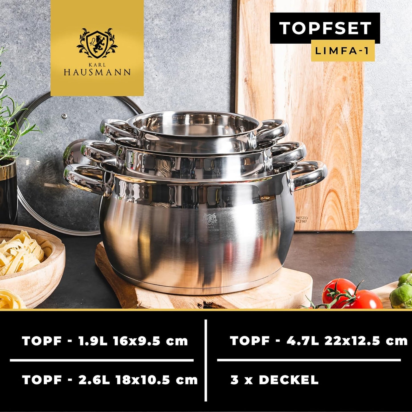 3-teiliges Topfset mit Glasdeckel