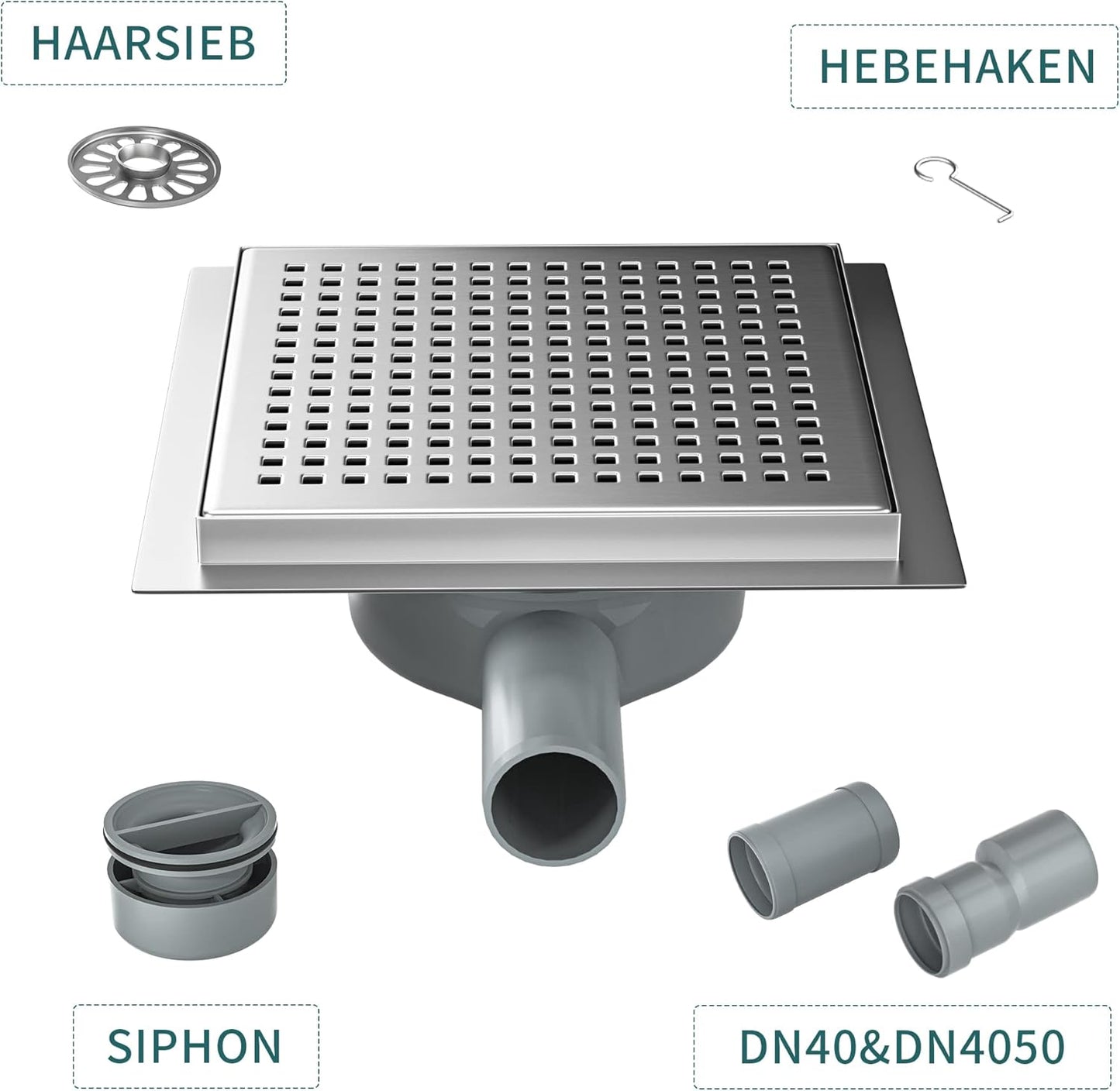 Duschrinne mit 360° Siphon und Haarsieb (20x20 cm), Silber 20×20cm