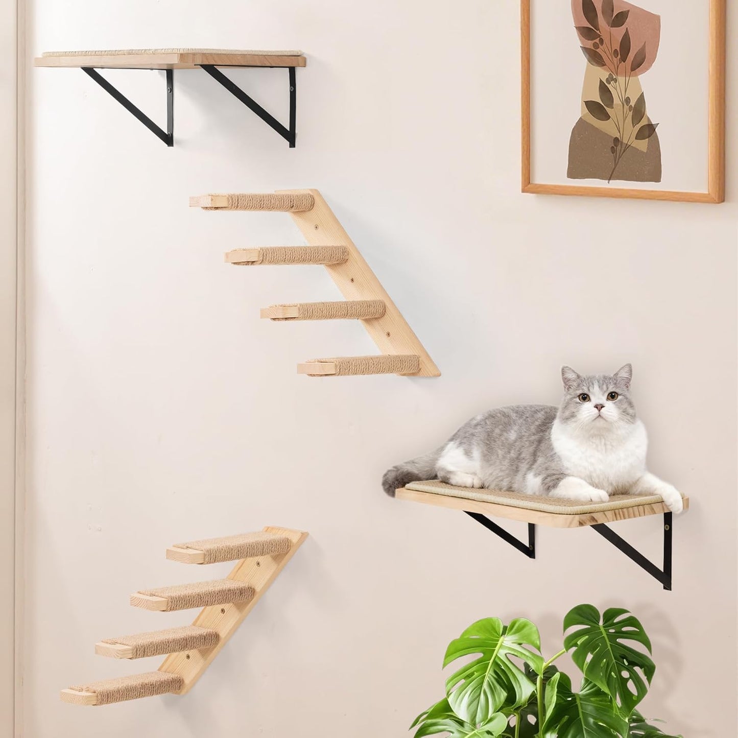 Kletterwand-Set für Katzen, 2PC Vier Stufen + 2PC Katze Wandregal