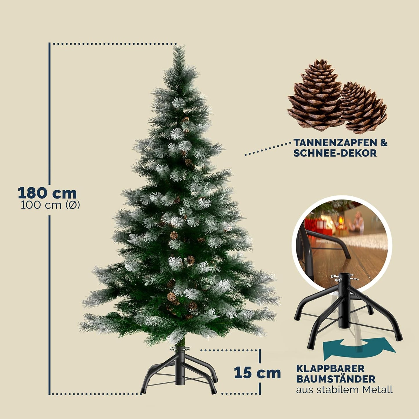 Künstlicher Weihnachtsbaum mit Tannenzapfen, Grün - Weiß 180 cm