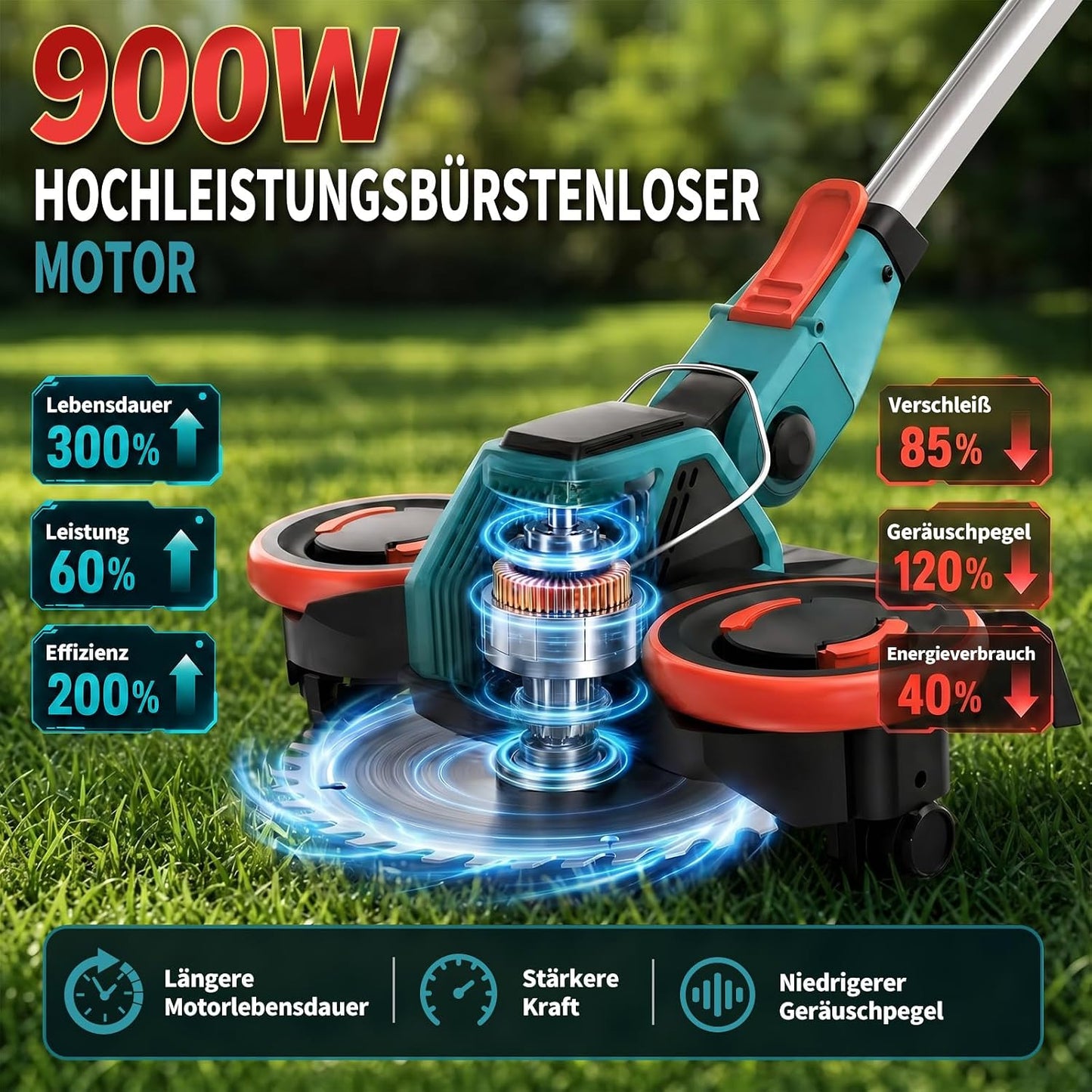 5-in-1 Akku-Rasentrimmer mit Unkrautbürste, Rot