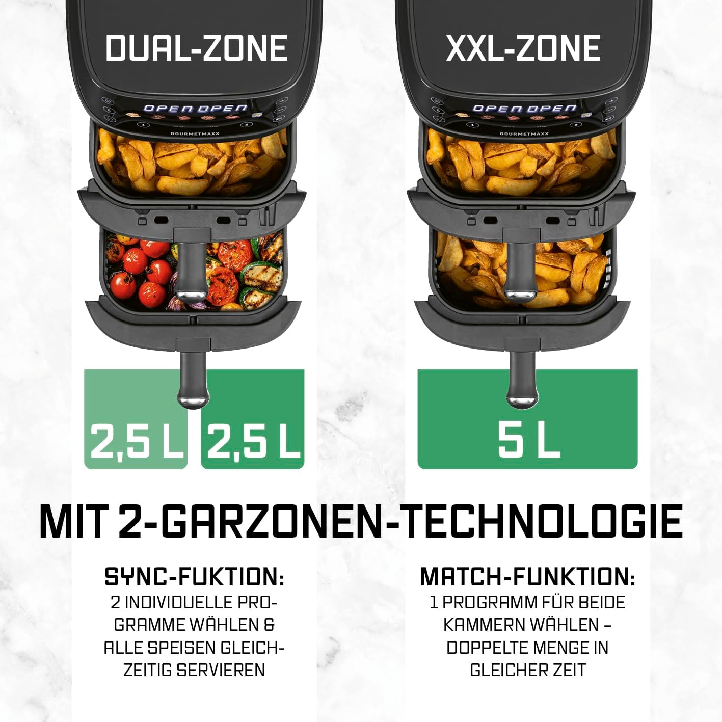 FryUp Vertikale Doppelkammer Heissluftfritteuse mit MultiColour-LED-Touchdisplay, Schwarz 5 Liter (2x 2,5L)