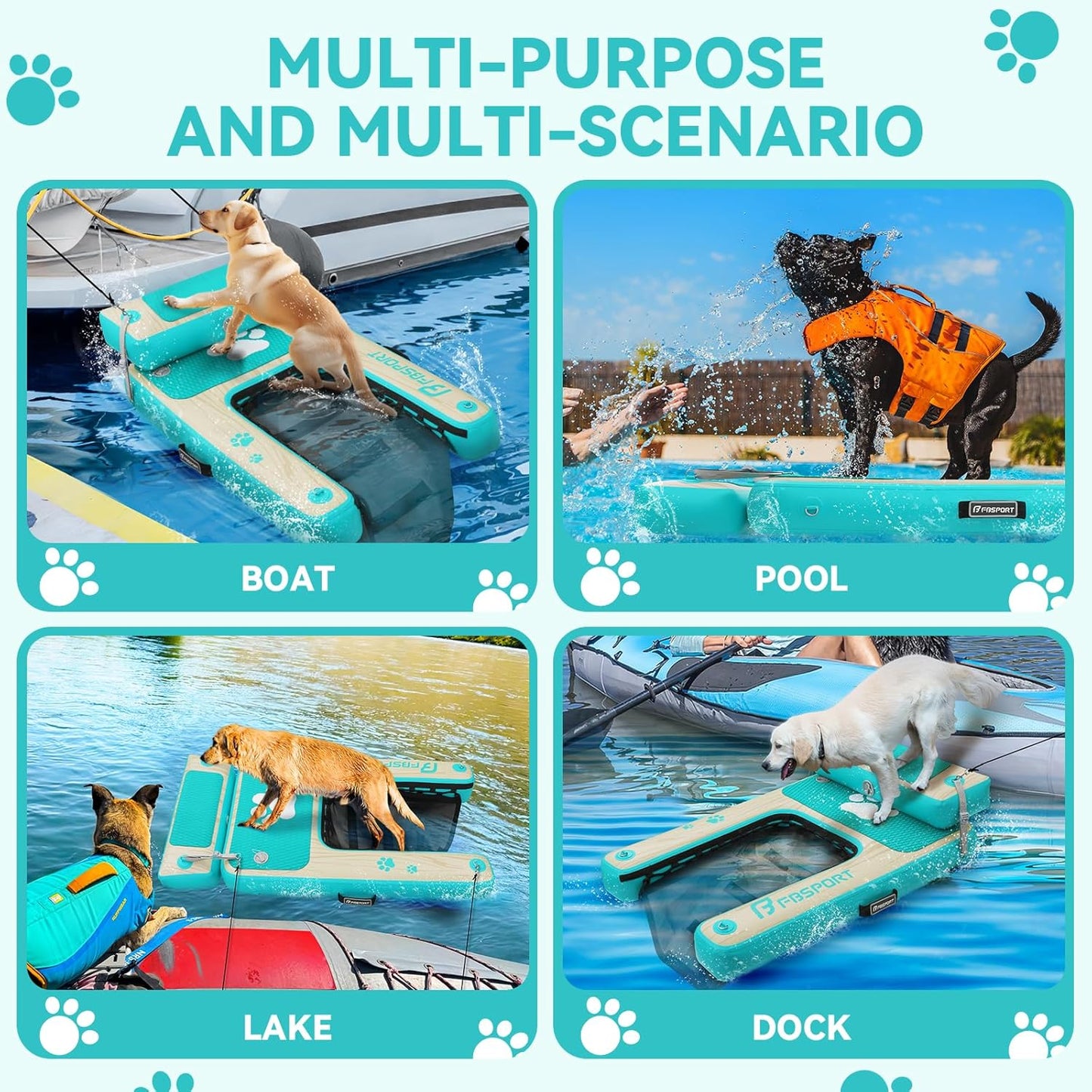 Aufblasbare Wasserrampe für Hunde, Seeblau Beige