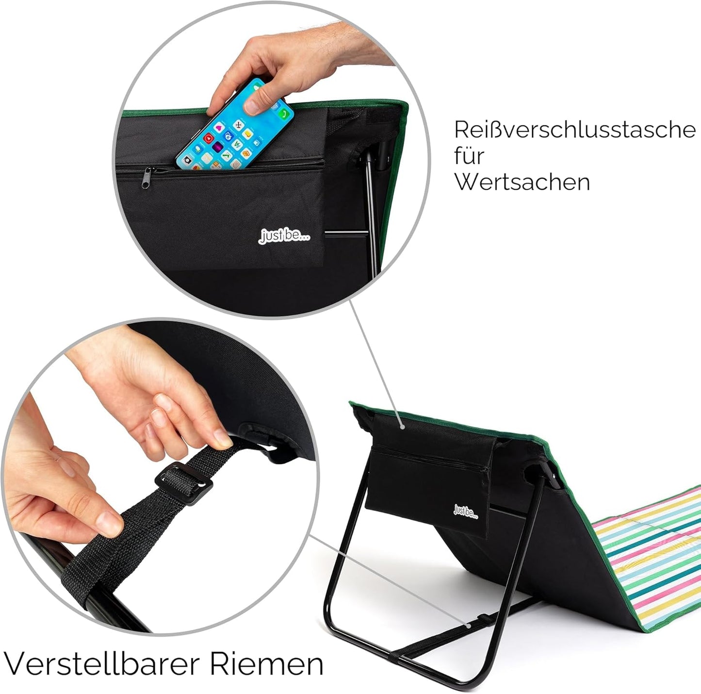 Strandmatte mit Rückenlehne & Tasche, Mehrfarbig Gestreift Hell