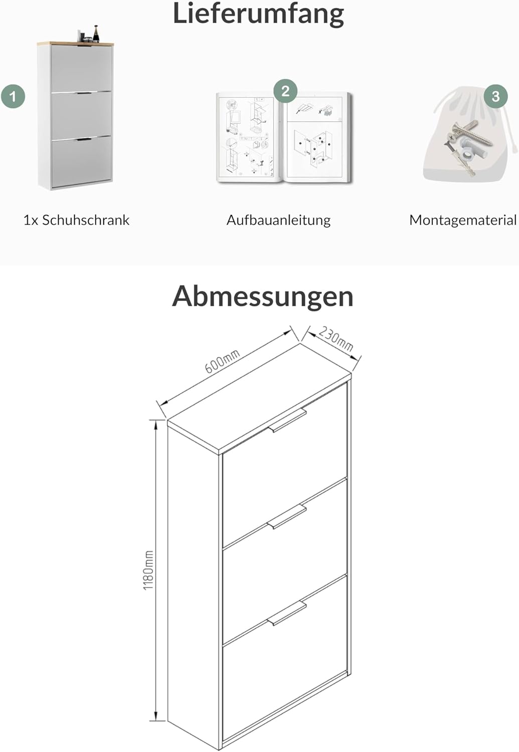 Schuhschrank mit 3 Klappen und 6 Ablagen, platzsparend, 3 Klappen Weiss-grau