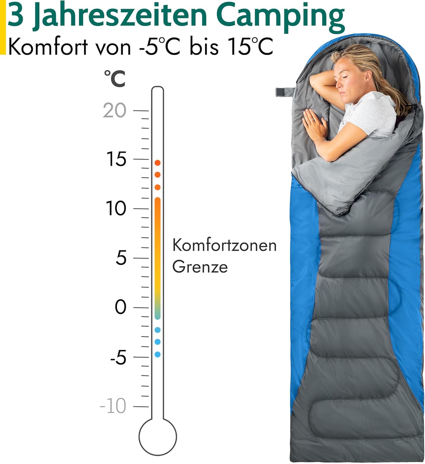 Trail-Alpin-Schlafsack mit Kapuze, Blau - 3 Jahreszeiten