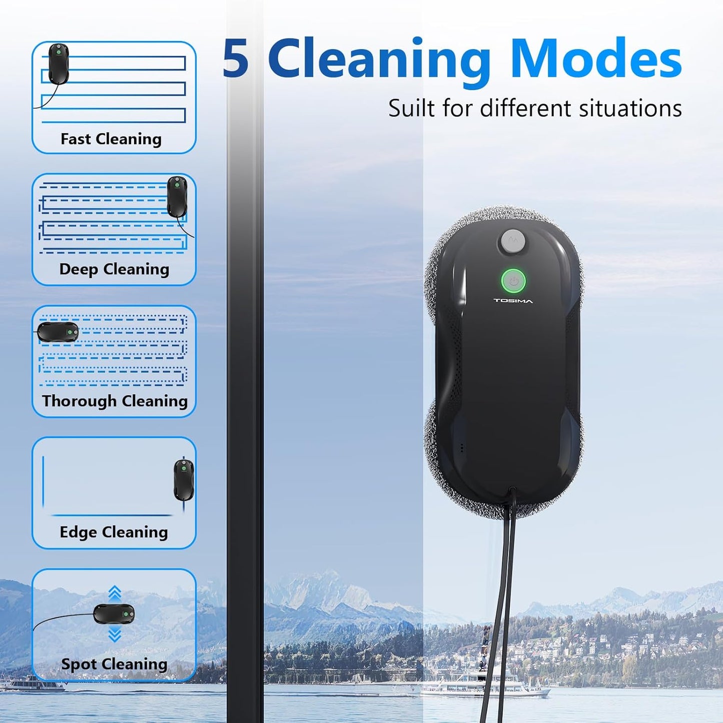 Fensterputzroboter W5 mit bidirektionalem Ultraschall-Wasserstrahl, Schwarz