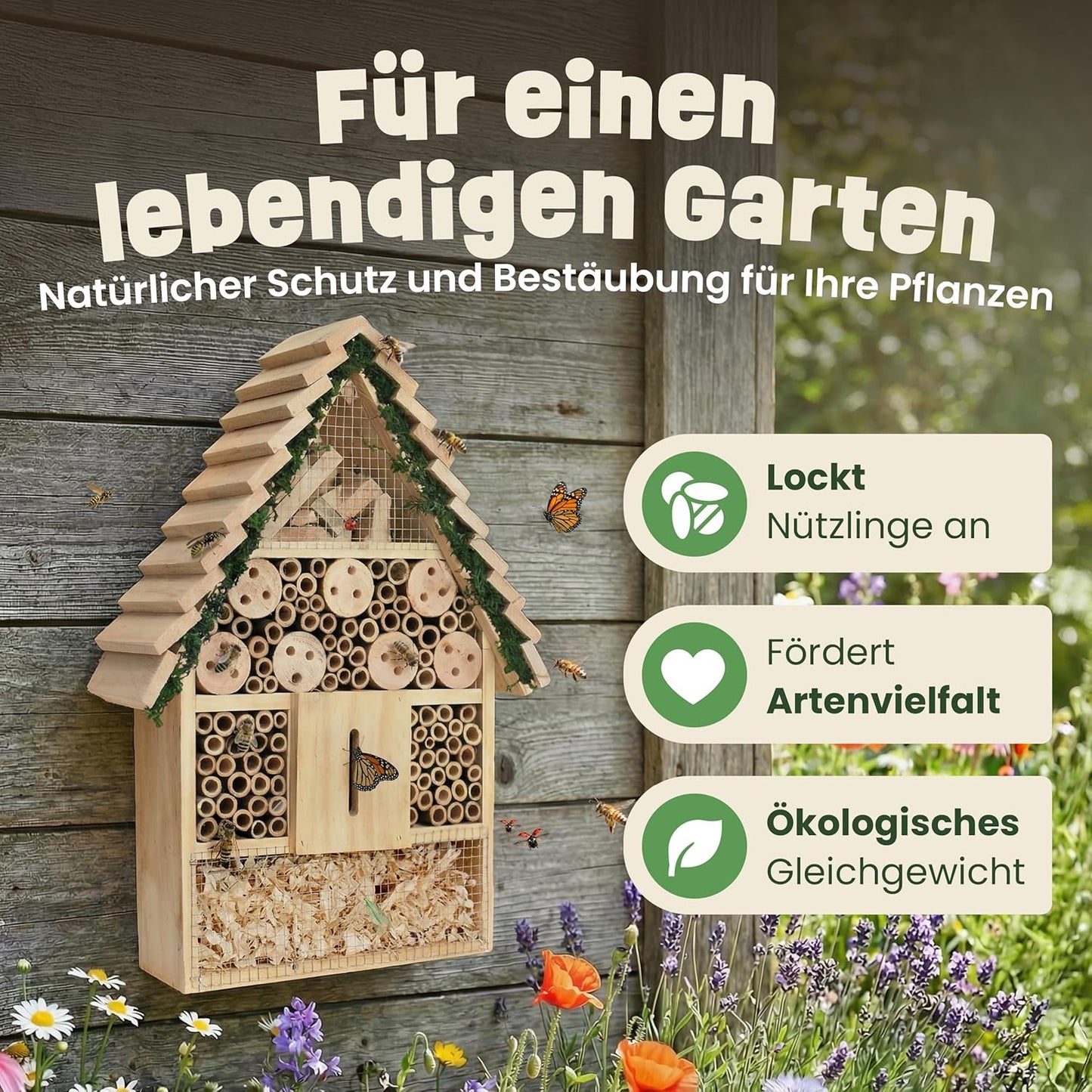 Insektenhotel XXL mit Bambus Nisthilfe (40,5 cm), XXL Insektenhotel – Stufendach (40,5 cm)