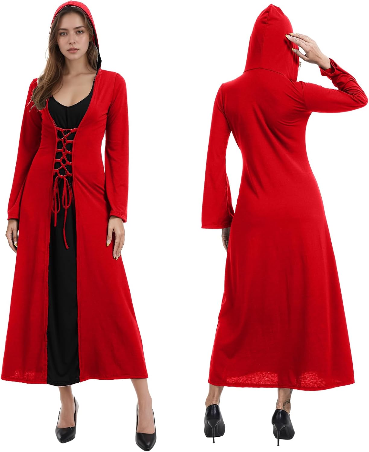 Mittelalterliches Cosplay-Kleid mit Kapuze für Damen, M Rot und Schwarz