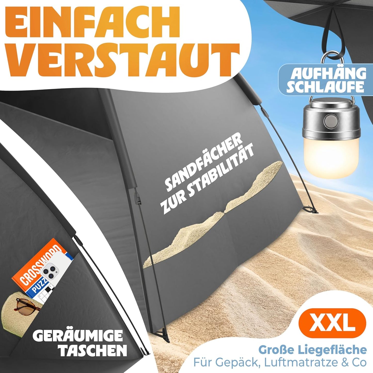 Pop Up Strandmuschel UV Schutz XXL 220x150x130 cm, Grau 220 x 150 x 130 cm