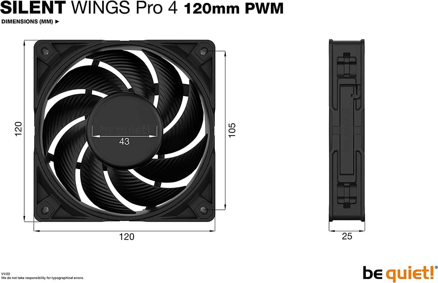 Silent Wings Pro 4 PWM 120x120x25, Gehäuselüfter, Schwarz 120mm 120mm PWM Pro