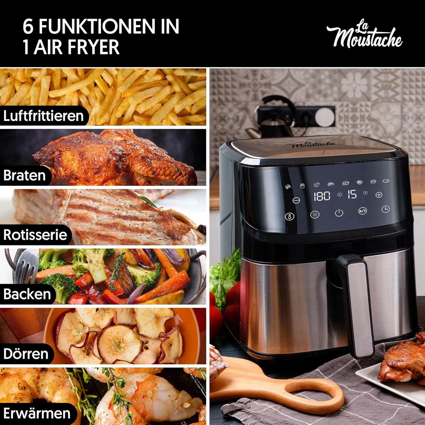 Heissluftfritteuse XL mit 6 Kochfunktionen (6,5L), 6,5L Grau - Essential Plus