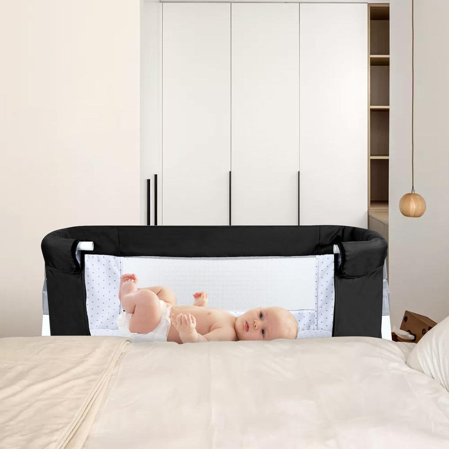 Höhenverstellbares Baby-Beistellbett mit Rollen, 80 X 40 X 100–116 Cm (6 Schwarze Steine)