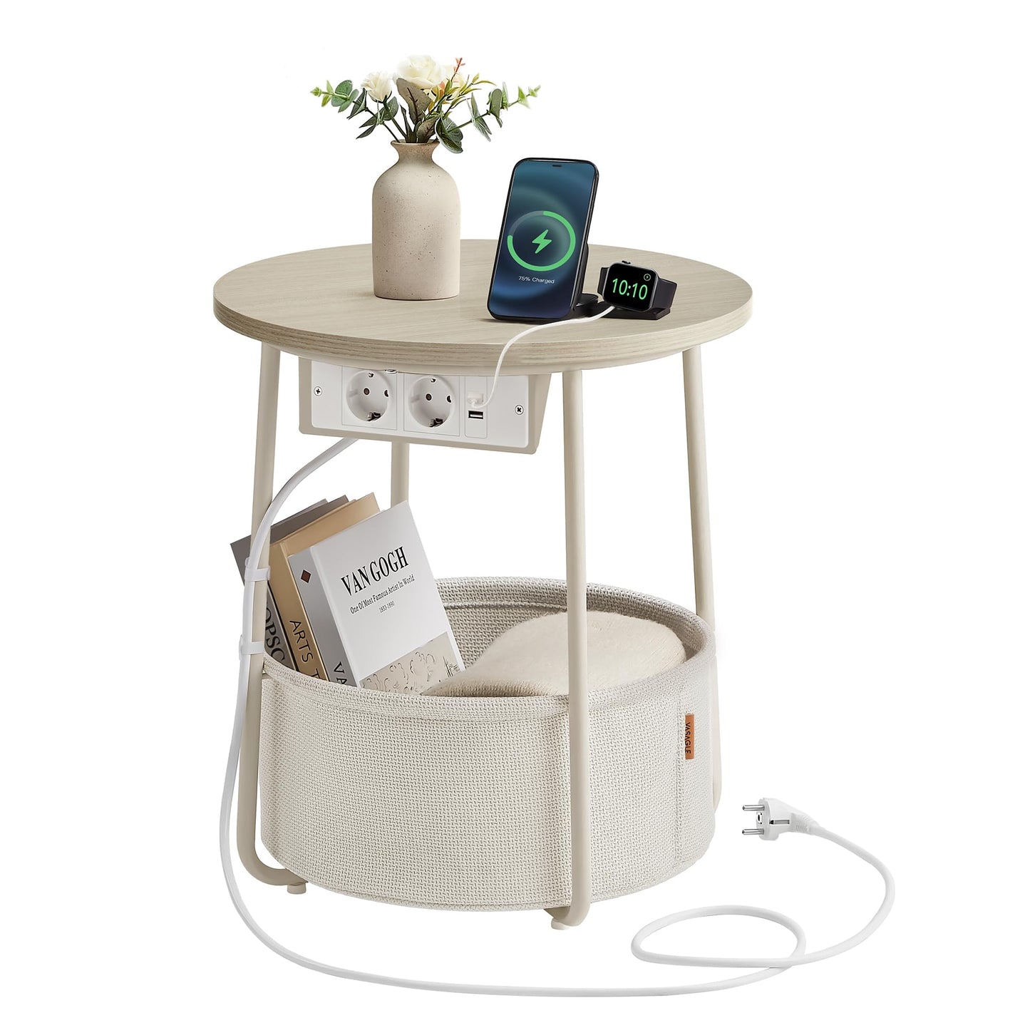Runder Beistelltisch mit Steckdose und Stauraum, Naturbeige + Cremeweiss